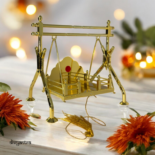 DIVYANTRA Brass Krishna Jhula for Laddu Gopal | Gold-Plated Swing for Janmashtami, Mandir & Pooja | Medium Size (8.25X9.5X5.5 in) | Home Temple Decor