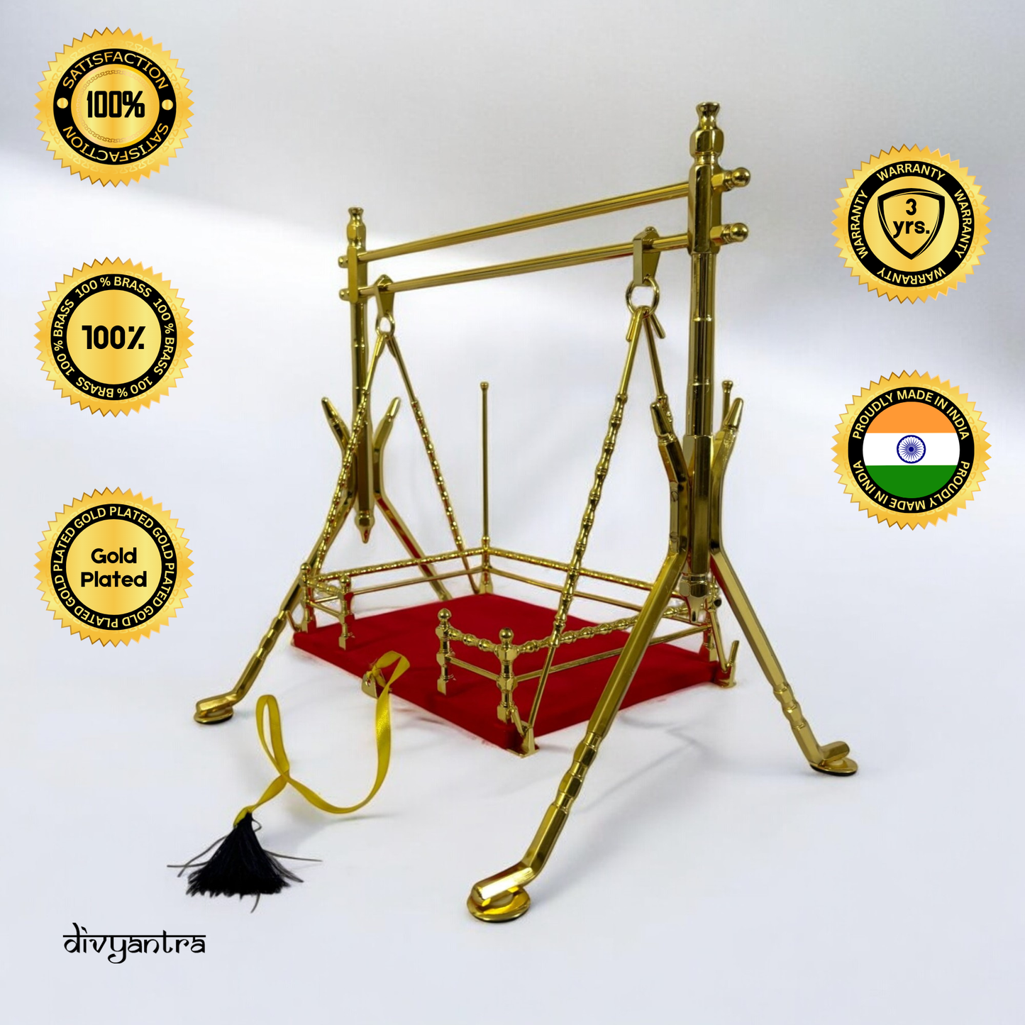 DIVYANTRA Brass Krishna Jhula for Laddu Gopal | Gold-Plated Swing for Janmashtami, Mandir & Pooja | Large Size (12X12X9.5 in) | Home Temple Decor