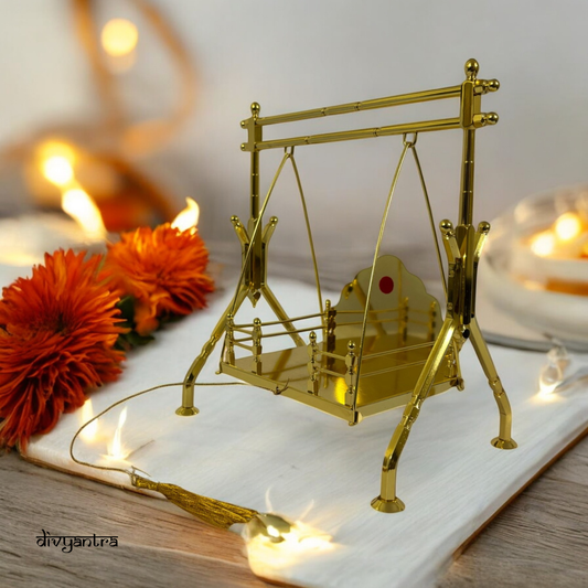 DIVYANTRA Brass Krishna Jhula for Laddu Gopal | Gold-Plated Swing for Janmashtami, Mandir & Pooja | Medium Size (8.25X9.5X5.5 in) | Home Temple Decor