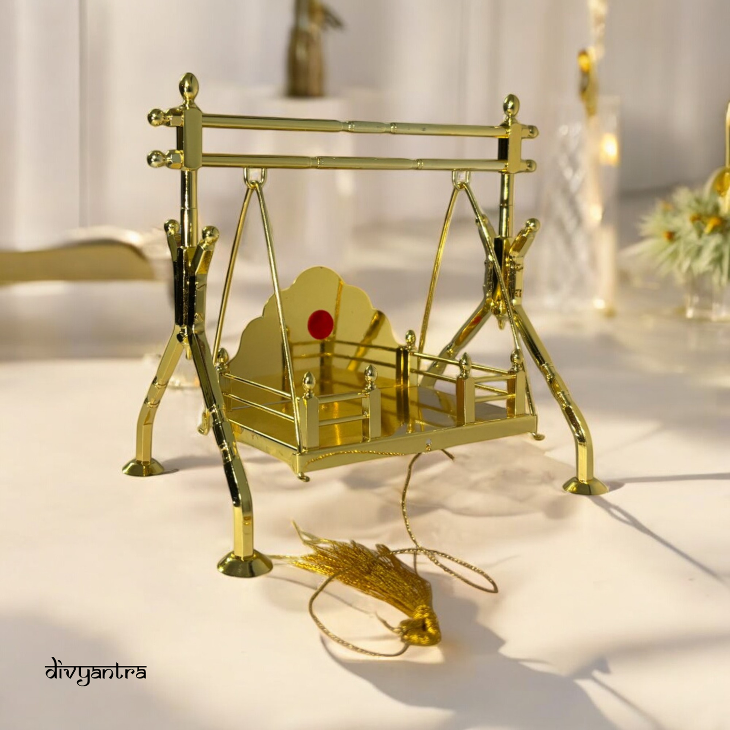 DIVYANTRA Brass Krishna Jhula for Laddu Gopal | Gold-Plated Swing for Janmashtami, Mandir & Pooja | Medium Size (8.25X9.5X5.5 in) | Home Temple Decor