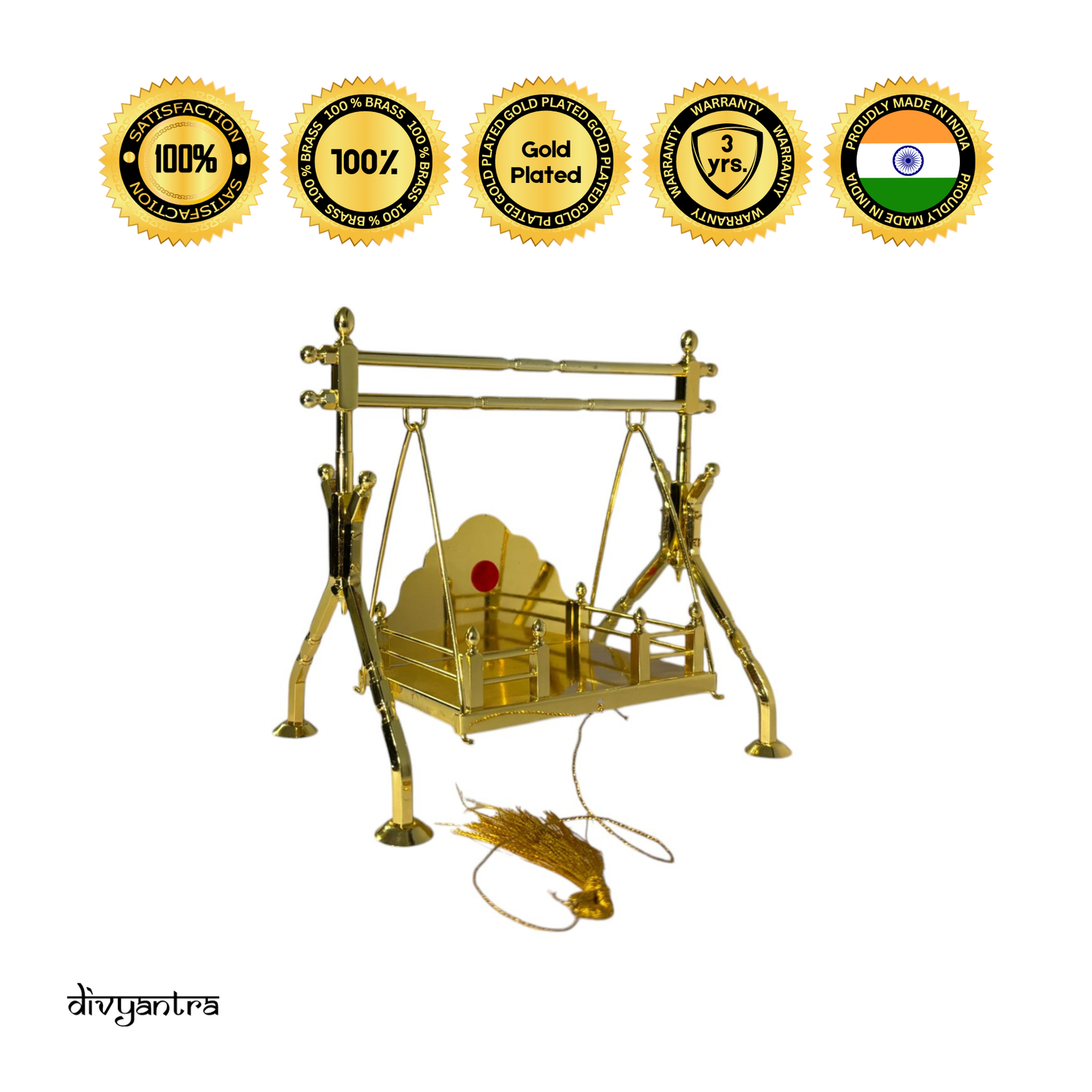 DIVYANTRA Brass Krishna Jhula for Laddu Gopal | Gold-Plated Swing for Janmashtami, Mandir & Pooja | Medium Size (8.25X9.5X5.5 in) | Home Temple Decor