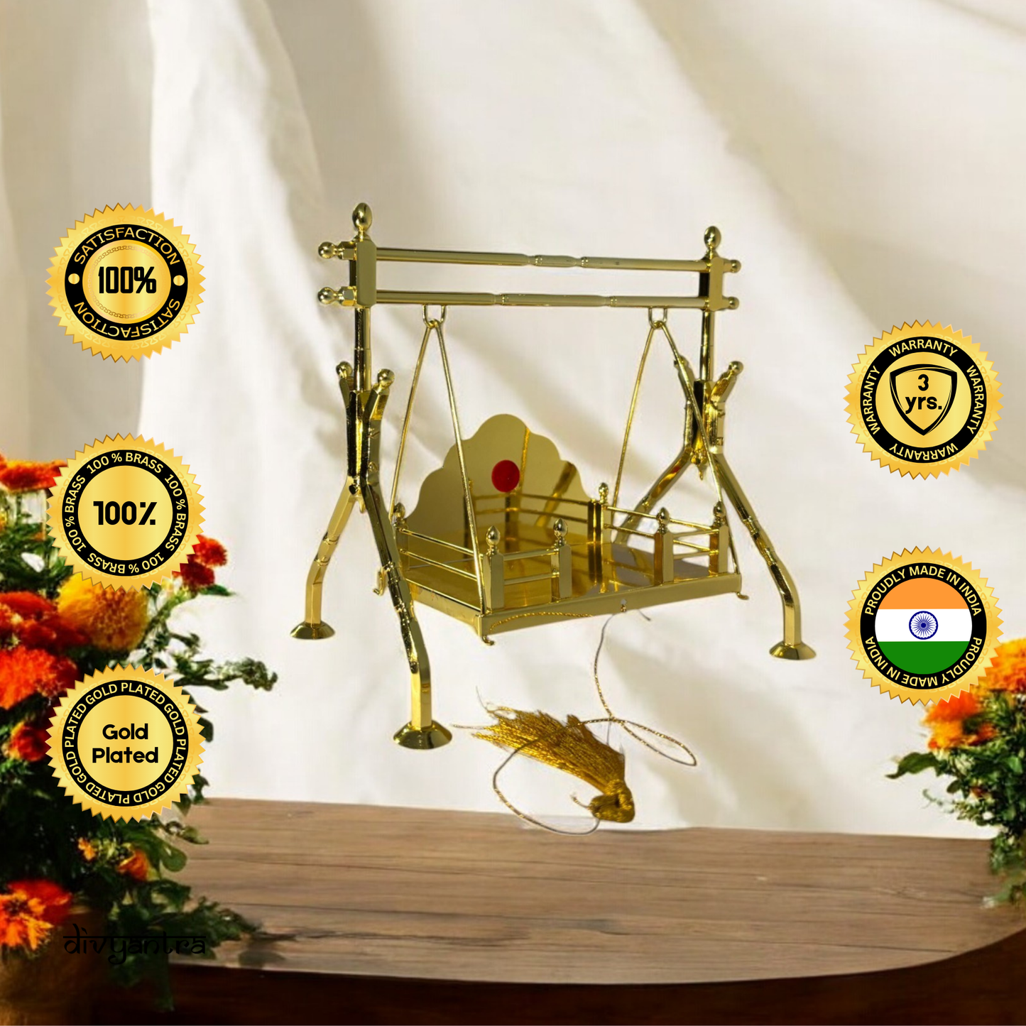 DIVYANTRA Brass Krishna Jhula for Laddu Gopal | Gold-Plated Swing for Janmashtami, Mandir & Pooja | Medium Size (8.25X9.5X5.5 in) | Home Temple Decor